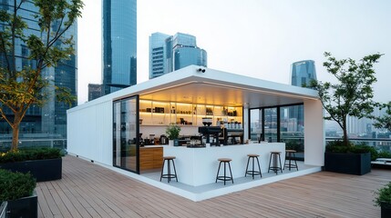 Minimalist container coffee shop exterior with white facade, large windows, and outdoor seating area, cozy vibe