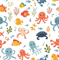 Fototapeta premium A seamless pattern of cute sea animals
