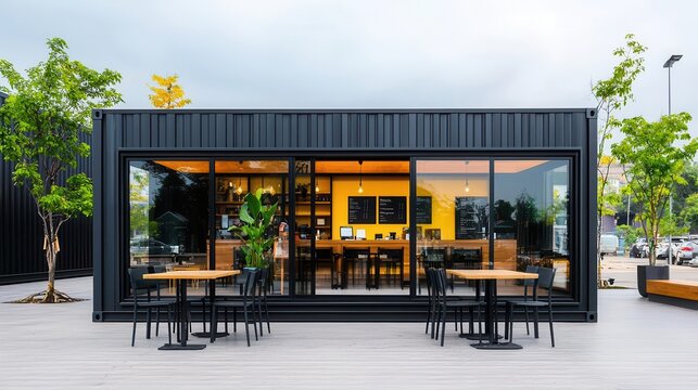 Sleek container coffee shop exterior with dark steel finish, large glass doors, and modern patio furniture