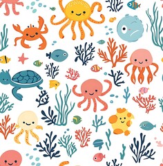 A seamless pattern of cute sea animals