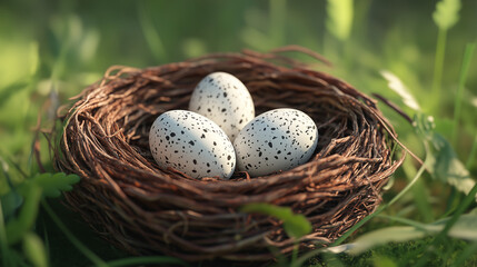 Obraz premium Three white speckled eggs lie in a nest made of dry twigs, surrounded by green grass and plants, evoking a sense of natural harmony and tranquility