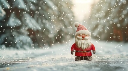 A small santa statue is standing in the snow