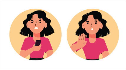 a cartoon woman with short black hair holding a phone, expressing emotions of surprise and disagreement, with a hand gesture indicating refusal.