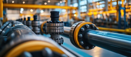 Fototapeta premium Close-up of interconnected steel pipelines and industrial valves in a large factory setting, with the expansive building interior visible in the background