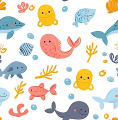 Fototapeta premium A seamless pattern of cute sea animals