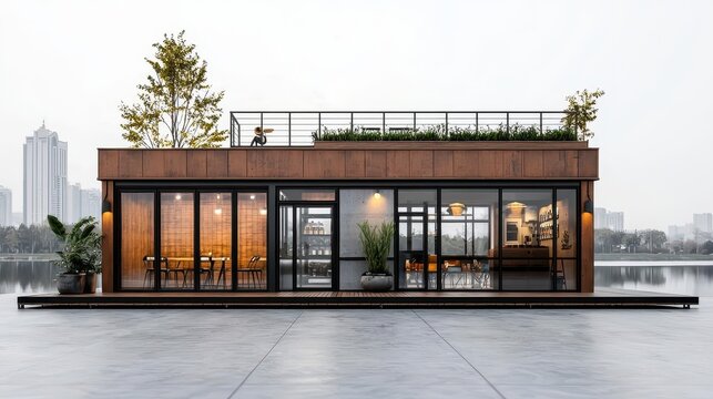 Modern container coffee shop exterior with concrete facade, large windows, and overlooking a serene lake