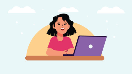 A cheerful person with dark hair sits at a desk using a purple laptop, set against a serene background with clouds and a warm sun, conveying positivity and focus.