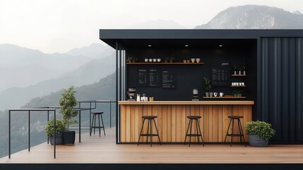 Contemporary container coffee shop exterior with matte black panels, open-air seating, and view of a park