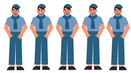 An illustrated lineup of five identical men wearing light blue shirts, dark blue pants, matching berets, and scarves, each standing with hands on hips, emphasizing uniformity.