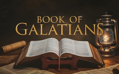 An epic cinematic presentation of an open bible revealing the name of the Book of Galatians.