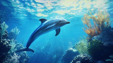 Fototapeta premium Dolphin gracefully gliding through vibrant coral reef under shimmering blue waters