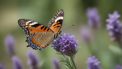 Obraz premium A vibrant butterfly resting on lavender flowers during a sunlit afternoon in a tranquil garden setting