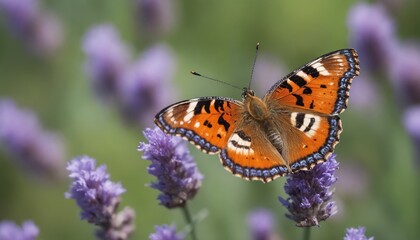Obraz premium A vibrant butterfly resting on lavender flowers during a sunlit afternoon in a tranquil garden setting