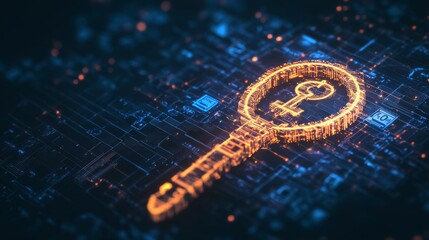 A glowing digital key with a symbol, set against a dark, technology-themed background, representing security and access.