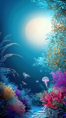 Enchanting underwater realm beneath a glowing moon, filled with vibrant corals and marine life