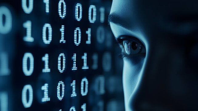 Silhouette of a human head created from pixel particles. Conceptual image of Deep Learning and Face recognition systems.