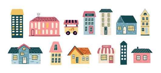 A cute set of hand-drawn houses. trendy, graphic buildings in a flat, minimalist style. for print, banners, postcards, business ideas. fashionable, vector art  illustration in cartoon style.