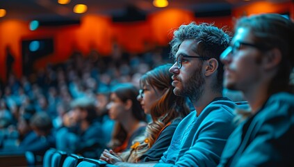 Rear view of a group of people sitting in a conference hall and listening to the lecturer