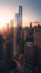 Fototapeta premium Stunning high angle view of downtown skyscrapers at sunset with glimmering glass facades