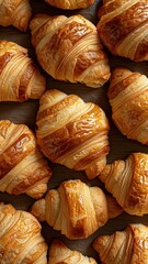 A delicious array of golden-brown, flaky croissants arranged closely together, showcasing their buttery layers and tempting appearance.