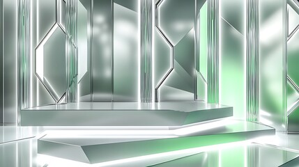Obraz premium A futuristic, abstract 3D rendered stage with glowing neon lights and geometric patterns in a silver and green color scheme.