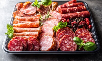 A vibrant platter of assorted cured meats and sausages garnished with fresh herbs, offering a delectable selection for charcuterie enthusiasts.