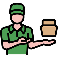 food delivery driver or rider in uniform delivers a food container box filled outline icon