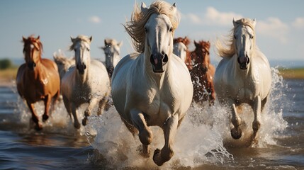 Obraz premium Horses running through the water.
