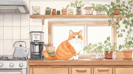 Cat sitting on kitchen counter with plants.