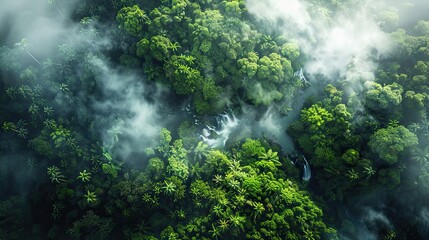 Lush rainforest with rivers waterfalls and misty green foliage from above