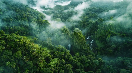 Obraz premium Dense rainforest with mist rivers waterfalls and lush green canopies