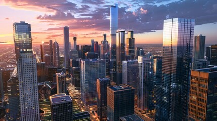 Stunning sunset over urban cityscape  aerial view of skyscrapers in a vibrant downtown area