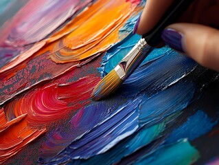 Fototapeta premium Close-up of a paintbrush applying blue paint on a colorful canvas.