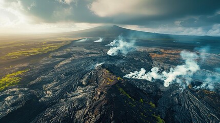 Aerial view of rugged volcanic terrain with black rocks and patches of green