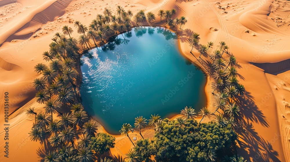 Poster Oasis in the desert with a central lake palm trees and vast sand dunes