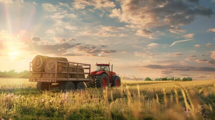 Fototapeta premium Tractor pulling hay bales in scenic countryside field showcasing rural agricultural beauty
