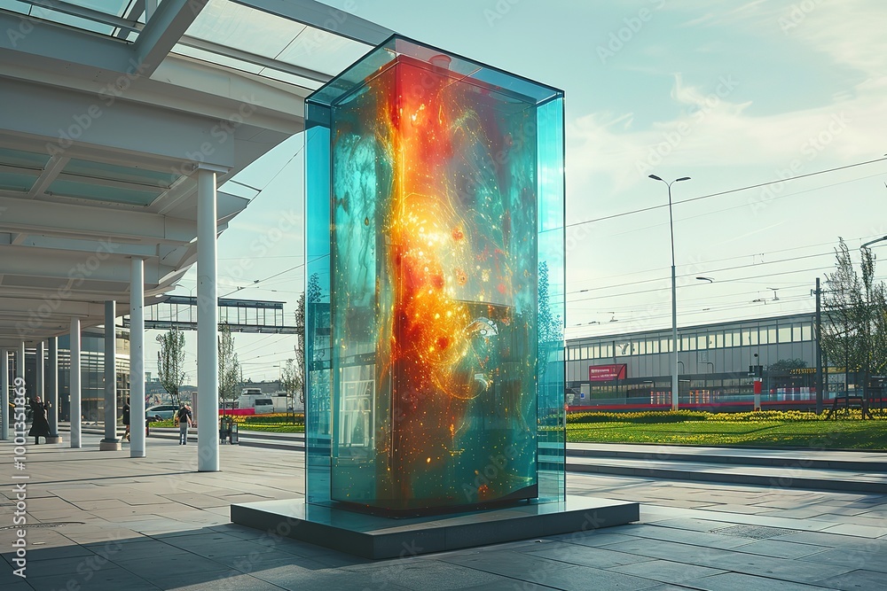 Poster a large glass structure with a colorful display of a galaxy