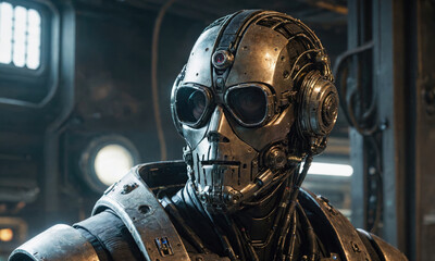 Fototapeta premium A metallic humanoid robot stands in a futuristic setting, its head composed of intricate gears and wires