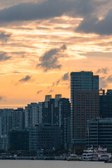 Silhouette of Shanghai's urban architecture at the moment of dusk and sunset.