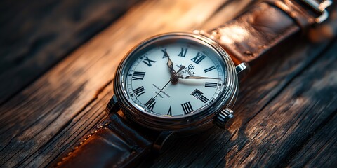 Close-up of a silver wristwatch with a white face and roman numeral markings on a wooden background.