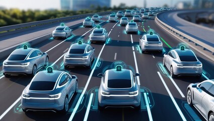 Image of futuristic digital illustration depicting autonomous cars driving on highway, The cars are highlighted with glowing lines and digital overlays, indicating their autonomous capabilities