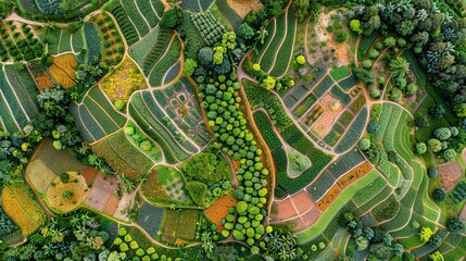 Obraz premium Aerial view of vibrant tropical orchards with geometric tree arrangements and winding paths