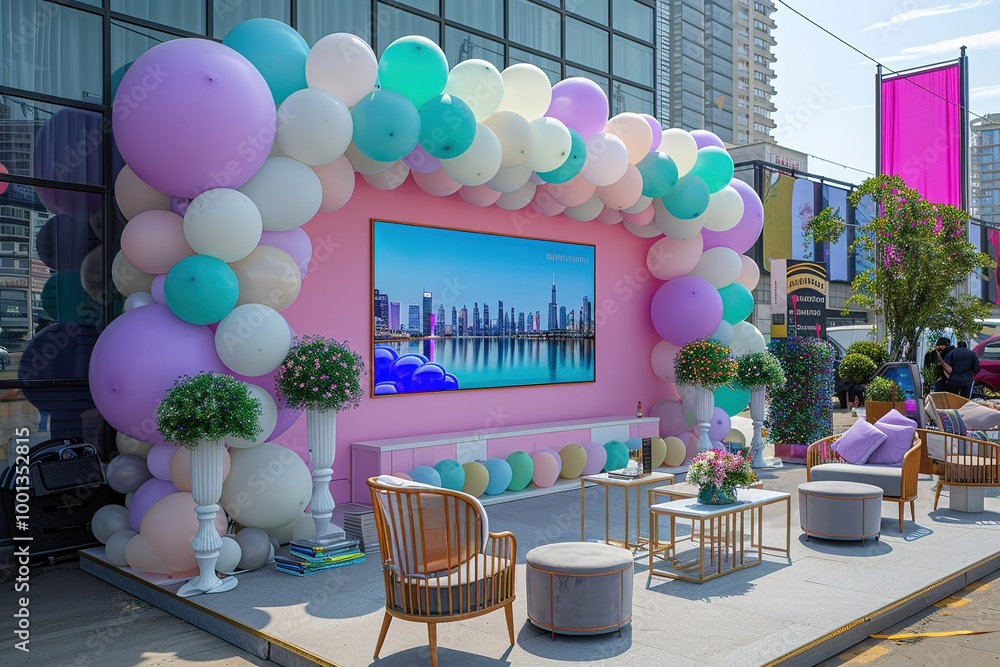 Aufkleber A colorful display of balloons and a large screen with a cityscape on it