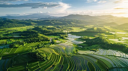Fototapeta premium Flat rice paddies with overlapping water patterns and green terraced fields