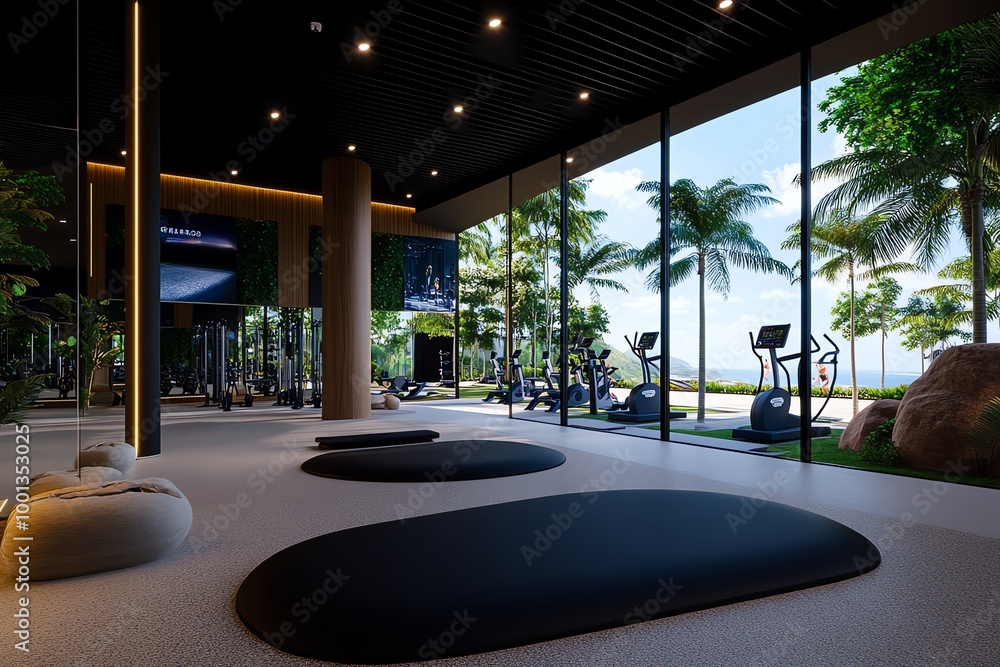 Poster 3D digital rendering of a modern gym, where users can explore the space, interact with the equipment, and even participate in virtual fitness classes in an immersive environment