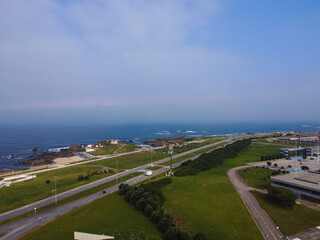 Aerial drone view of Leça da Palmeira Beach, Porto, Portugal, near Matosinhos. Sunny day