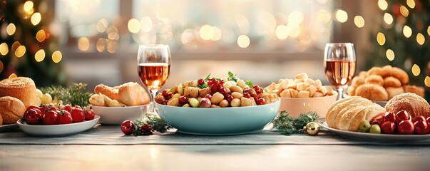 A beautifully arranged table featuring an array of delicious dishes, including salads, meats, and desserts, set against a blurred festive background, creating a warm holiday atmosp
