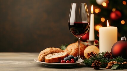 A festive setup featuring a glass of red wine, slices of bread, fresh berries, and candles, evoking a warm holiday atmosphere.