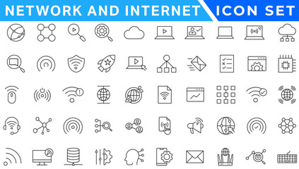Network and Internet outline icons. linear icon collection for online, computer, network, website, server, web design, hardware, software, and programming. Solid icons illustration collection