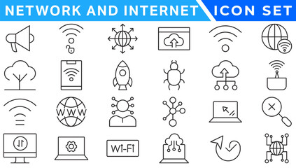 Network and Internet outline icons. linear icon collection for online, computer, network, website, server, web design, hardware, software, and programming. Solid icons illustration collection